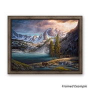 "Framed 'Hard To Come By' canvas art print showcasing two grizzly bears by a shimmering mountain lake set against towering peaks