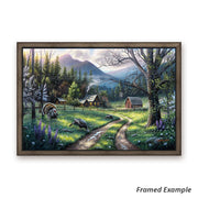 Framed 'Bear Creek Ranch' canvas art showcasing a charming barn, turkeys, and lush spring scenery