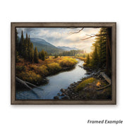 Framed 'When Time Slows" is a mountainous landscape Canvas Art Print highlighting a regal moose and a meandering mountain stream, under a golden sunrise