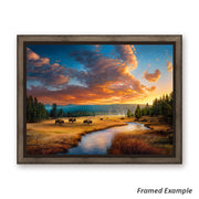 A Never-ending Cycle' Framed Art Print showcasing rustic charm with a vibrant depiction of bison and a breathtaking sunset