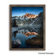 Framed 'Royal Beauty' canvas art print displaying a luminous sunrise reflection over a serene mountain lake