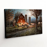'October Nights' canvas art print capturing the rustic beauty of a red barn and white-tailed deer beneath an October twilight
