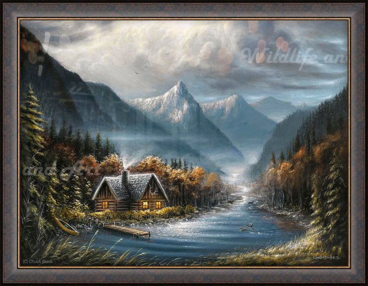 "Boulder River" - Framed Rustic Cabin Art Print