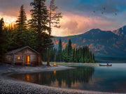 Original oil painting of cabin at the lake