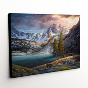 This canvas art print, 'Hard To Come By', highlights a scenic mountainous backdrop and features grizzly bears and a serene high-altitude lake
