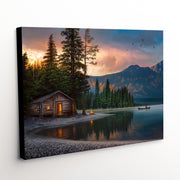 "Lakeside Heaven" - Cabin Landscape Canvas Art Print