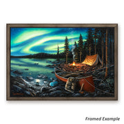 Framed 'Campfire Memories' canvas print showcasing a captivating northern lights sky with a radiant campfire glow