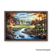 Framed Farm Life Landscape Painting showcasing deer by a stream, with a distant cabin and barn amid the verdant countryside