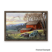 Framed "Countryside Dream" Country Farm Canvas Art Print features vintage trucks, flying geese, and a scenic farm backdrop