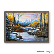 Framed canvas art of 'High-country Love' showing a snowy camp setting and mule deer amidst the mountains