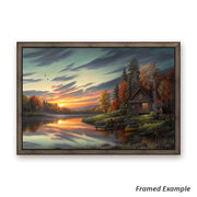 Framed 'Lakeside Memories' canvas art print depicting a serene lakeside cabin at sunset, radiating rustic charm
