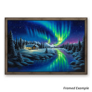 Framed Northern Lights Canvas Print - stunning winter landscape with a rustic cabin