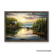 Framed Canvas Art, Sunset Canoe Ride, Tranquil Lake Scene with Bull Moose, Charming Reminder of Memories with Dad
