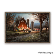 Framed 'October Nights' canvas print showcasing a vivid red barn, white-tailed deer, and the enchanting ambiance of an autumn evening