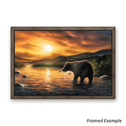 Framed Grizzly Bear Canvas Art Print - majestic grizzly bear and golden sunset