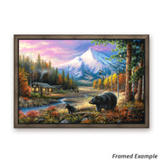 Framed "Routine Visitors", a Rustic Cabin Landscape Canvas showcasing black bears amidst autumnal colors and snowy mountains