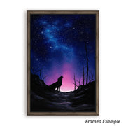 Framed Howling Wolf Canvas Print - glowing night sky with stars