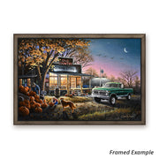 Framed 'The Harvest Moon' Canvas Art Print showcasing a vibrant pumpkin patch, a classic vintage truck in a quintessential autumn setting