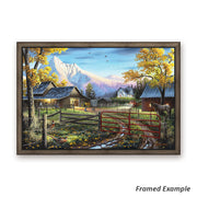 Framed Ranch Themed Painting, Snowy Mountains and Animals, High-Quality Canvas Art