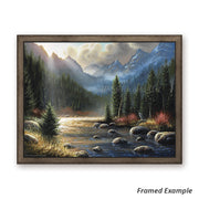 Framed 'The Calling' canvas art capturing a howling wolf against a backdrop of luminous mountains and a tranquil river