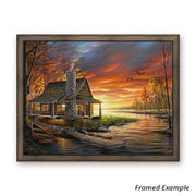 Framed 'The Perfect Spot' canvas print, highlighting a cabin by a serene sunset lake evoking memories of cabin life