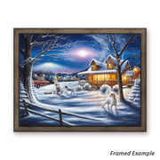 Framed canvas art of a cozy, snow-covered cabin in a tranquil winter landscape