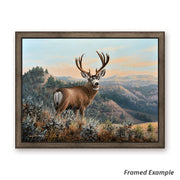 Framed canvas art print of a beautiful Mule Deer buck set against the rugged backdrop of North Dakota's Badlands