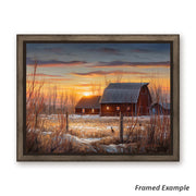 Framed 'Almost Dusk' canvas art showcasing a detailed farm scene, pheasants, and a radiant sunset sky