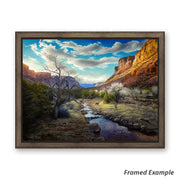 Framed 'Beneath the Glory' canvas art print depicting two mule deer bucks amidst a breathtaking Utah desert landscape