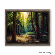 Framed 'Deep Within' canvas art print showcasing a luminous forest scene with mountain grouse, a symbol of nature's tranquility