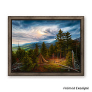 Framed 'Memories Untold' canvas art print showcasing a serene outdoor camp scene with vivid colors