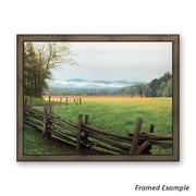 Framed 'Misty Mornings' Canvas Art - Vivid Landscape of Great Smoky Mountains with Tranquil Spring Meadow