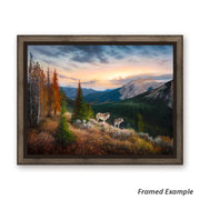 Framed Wolf Landscape Canvas Art Print, highlighting its rich colors and intricate details