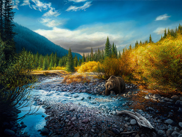 North American Wildlife Art Print, Grizzly Bear - Landscape Oil Painting