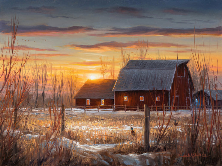 "Almost Dusk" 12x16 Red Barn Landscape Painting