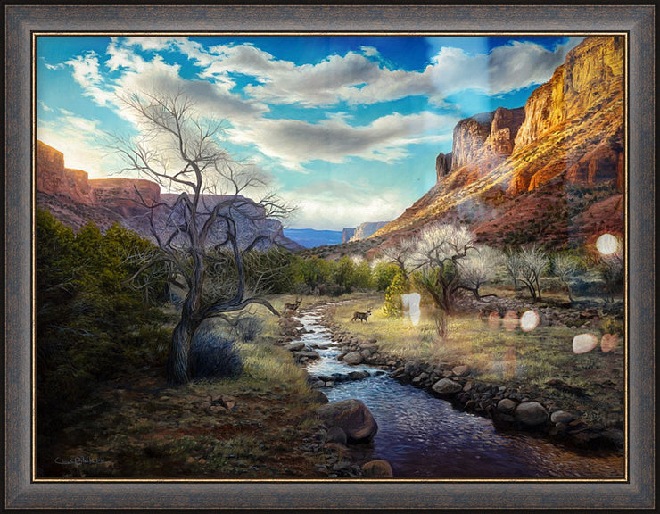 "Beneath The Glory" - Framed Southwestern Landscape Art Print, Mule Deer