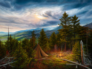 Camping scene art print with glowing campfire- stunning landscape painting
