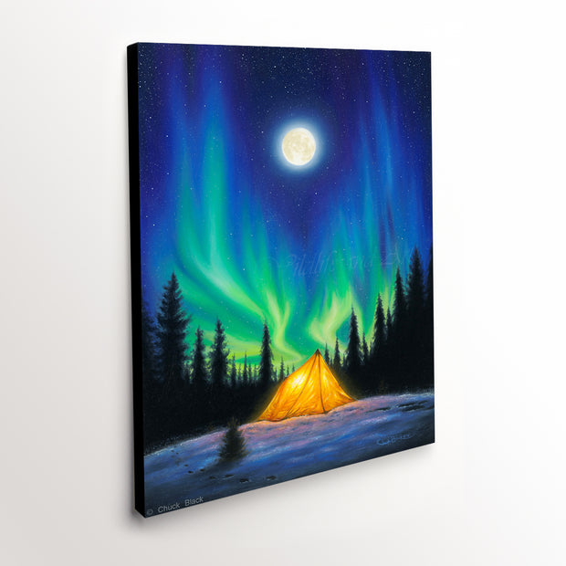 Northern Lights Canvas Art Print - camping scene under glowing sky