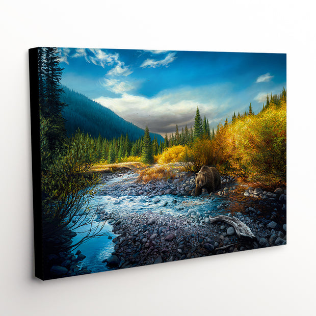 Canvas Art Print capturing the grandeur of a grizzly bear within a vibrant natural landscape, perfect for nature and wildlife lovers