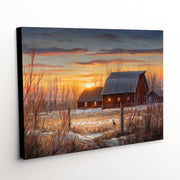'Almost Dusk' red barn canvas print with willows and pheasants set against a golden sunset backdrop