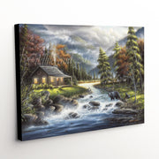 Mountain Landscape Canvas Art Print with Rustic Cabin, Rushing River, Black Bears
