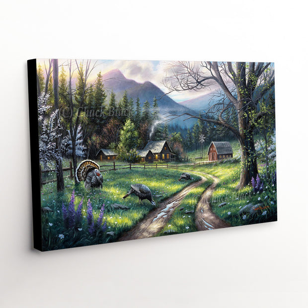 Canvas art print of 'Bear Creek Ranch' depicting a serene spring countryside with vibrant colors and wandering turkeys