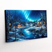 Winter Landscape Canvas Art Print - Northern Lights, Countryside Scene with Deer