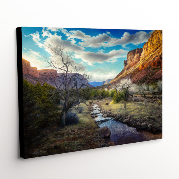 'Beneath the Glory' canvas art print, capturing the majestic beauty of a desert landscape and the serene presence of mule deer bucks