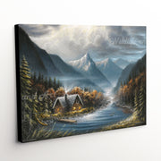 Rustic Cabin Canvas Art Print with Dramatic Mountainous Landscape