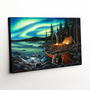 'Campfire Memories' canvas art piece highlighting the brilliant display of northern lights and the warmth of a campfire, perfect for nature enthusiasts