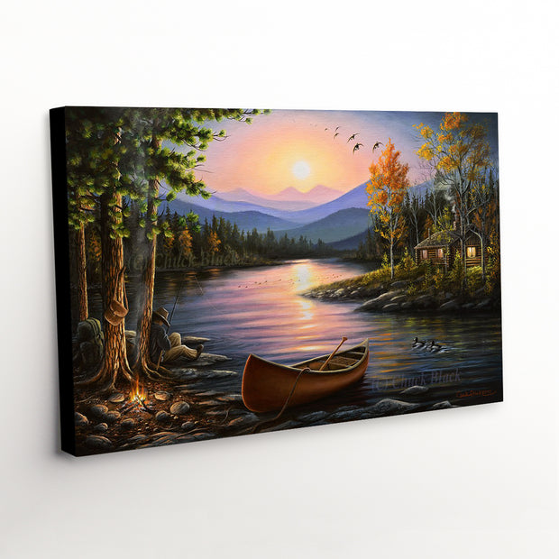 Framed Lake Cabin Landscape Canvas Print - peaceful camping scene with glowing mountains
