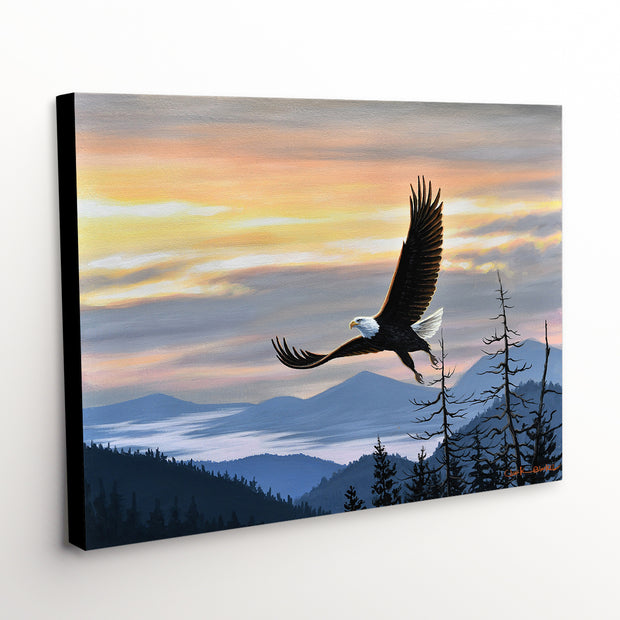 Magnificent Bald Eagle Canvas Wildlife Art Print - Conquered, soaring above mountains