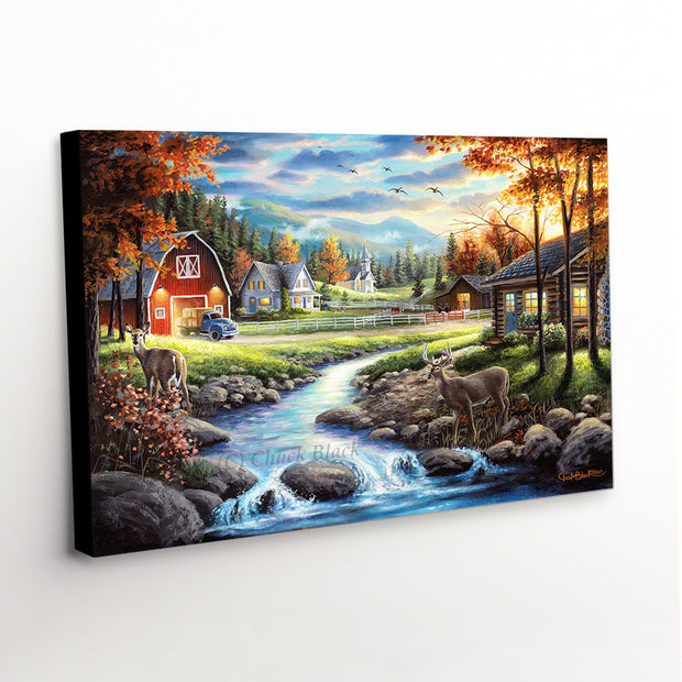 Canvas print of 'Country Living', vividly portraying the tranquility of deer wandering near a stream with rustic and small town vibes.