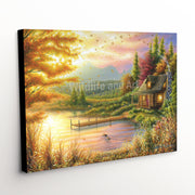 Mountain Cabin Canvas Art Print 'High-country Cinnamon,' with Nostalgic Cabin and Waterfowl, Warm Glow